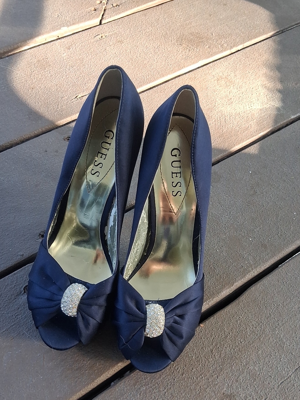 GUESS Navy Satin Peep-Toe Heels with Rhinestone Bow Accent